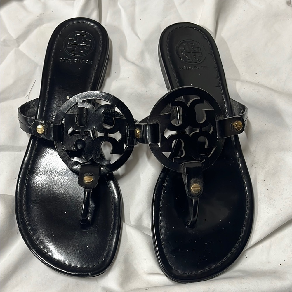 Tory Burch Black Patton Leather Miller Thong Sandals with Gold Accents